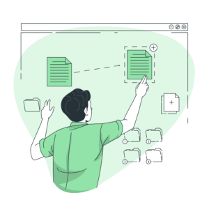 Ilustração de processo de backup com ícones de nuvem e servidor, representando a proteção e recuperação segura de dados empresariais