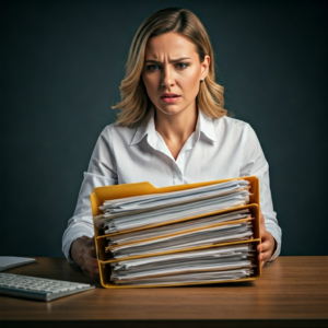 Colaboradora frustrada diante de um arquivo desorganizado, demonstrando a importância da organização de documentos para produtividade e eficiência.