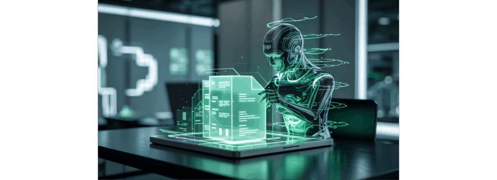 Representação de inteligência artificial gerenciando documentos digitais em um sistema de gestão documental.