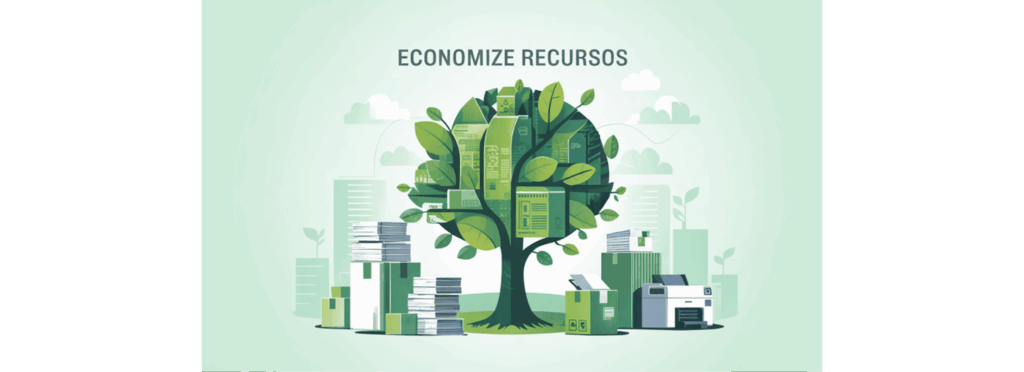 Ilustração de práticas sustentáveis aplicadas à guarda documental, com elementos de natureza e digitalização.