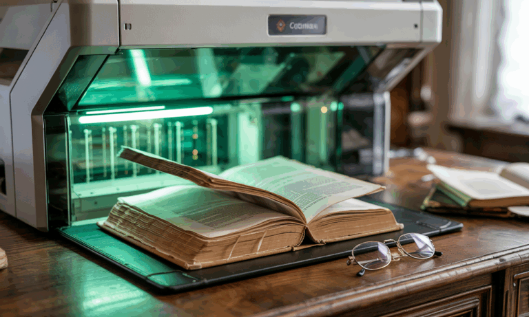 Livro antigo sendo digitalizado para inclusão em biblioteca digital.