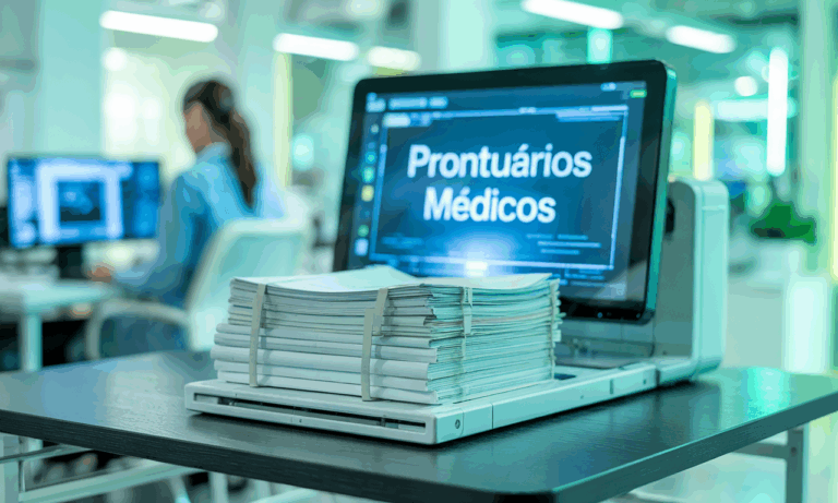 Tela exibindo laudos médicos digitais com proteção de dados conforme a LGPD.