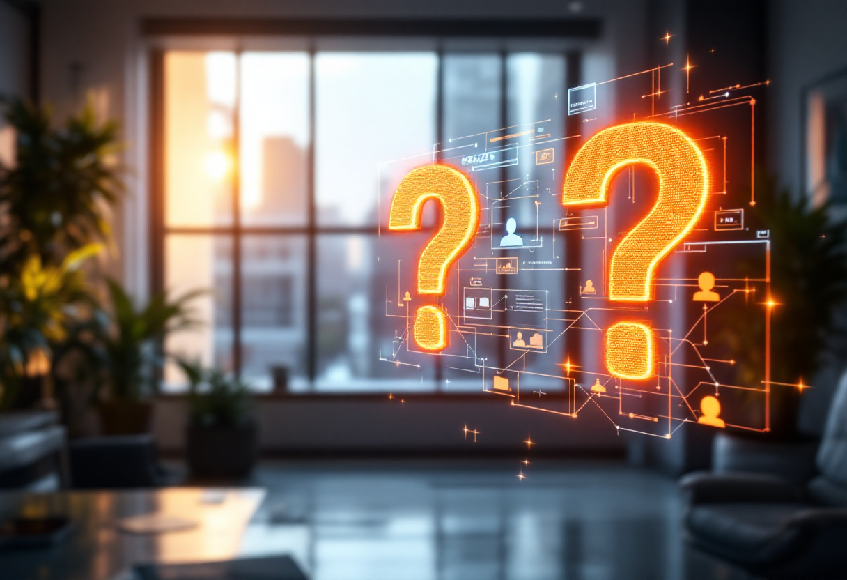 Interrogações luminosas em escritório moderno simbolizando auditoria e as 3 perguntas sobre gestão de documentos (GED): localização, acesso e versão.