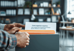 Imagem de uma pessoa organizando pastas suspensas em um arquivo físico com uma ficha destacando o título "Como organizar arquivos: guia completo para empresas que buscam eficiência e conformidade", representando o processo estratégico de organização de arquivos físicos em ambientes corporativos.