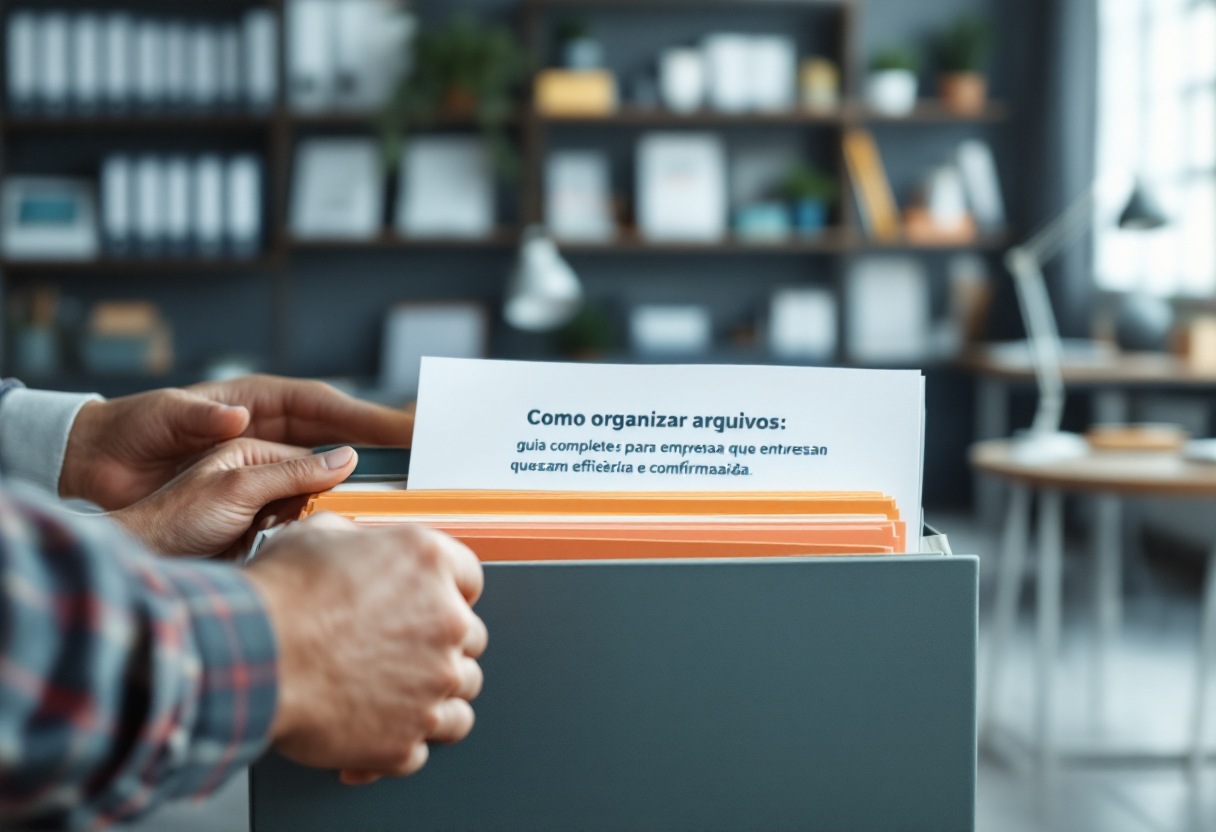 Imagem de uma pessoa organizando pastas suspensas em um arquivo físico com uma ficha destacando o título "Como organizar arquivos: guia completo para empresas que buscam eficiência e conformidade", representando o processo estratégico de organização de arquivos físicos em ambientes corporativos.