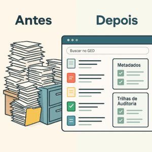 Comparativo visual entre a desorganização de arquivos físicos em papel e a eficiência da organização digital com sistema GED, incluindo metadados e trilhas de auditoria.
