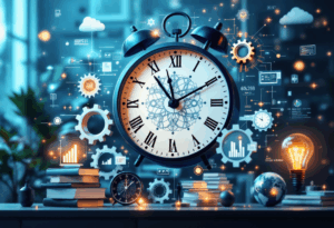 Ilustração conceitual de gestão do conhecimento com relógio central, gráficos, livros e ícones digitais representando a transformação de dados em inteligência organizacional.