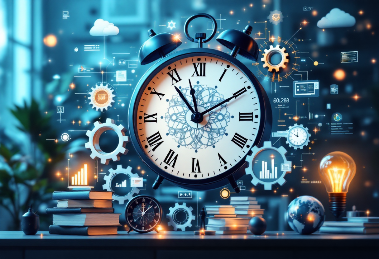 Ilustração conceitual de gestão do conhecimento com relógio central, gráficos, livros e ícones digitais representando a transformação de dados em inteligência organizacional.