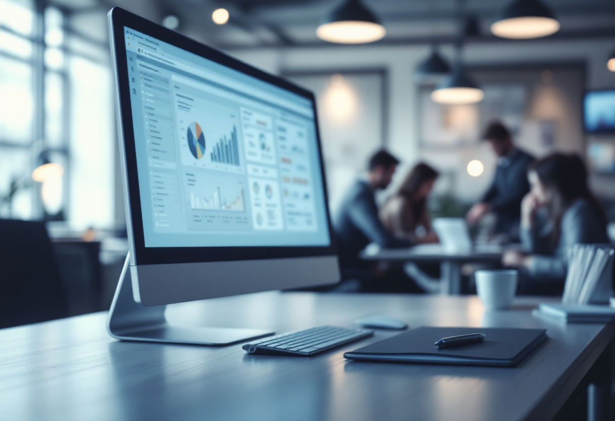 Computador com dashboard de gráficos e KPIs em escritório, representando gestão de documentos com GED, produtividade e tomada de decisão baseada em dados.