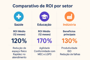 Comparativo visual de ROI da digitalização por setor — saúde, educação e indústria, com percentuais de retorno e principais benefícios listados.