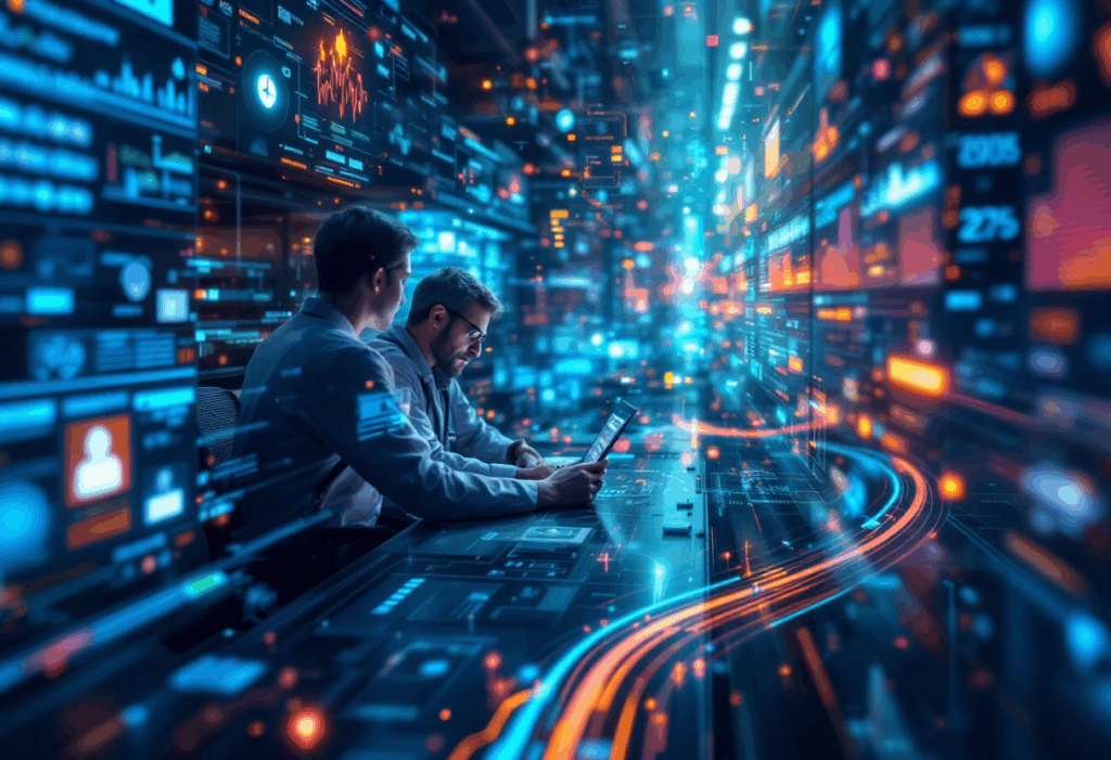 Profissionais analisando dados em um ambiente digital de alta tecnologia, representando o ROI da digitalização em setores estratégicos.