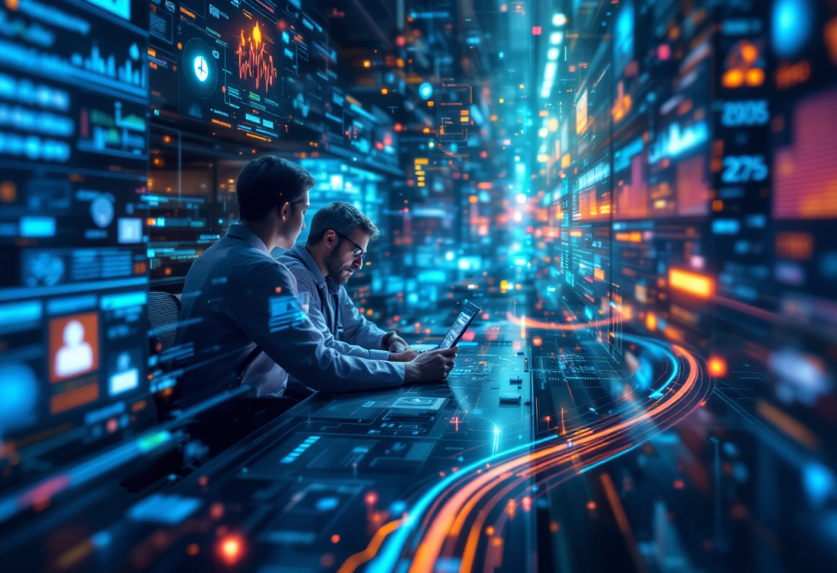 Profissionais analisando dados em um ambiente digital de alta tecnologia, representando o ROI da digitalização em setores estratégicos.