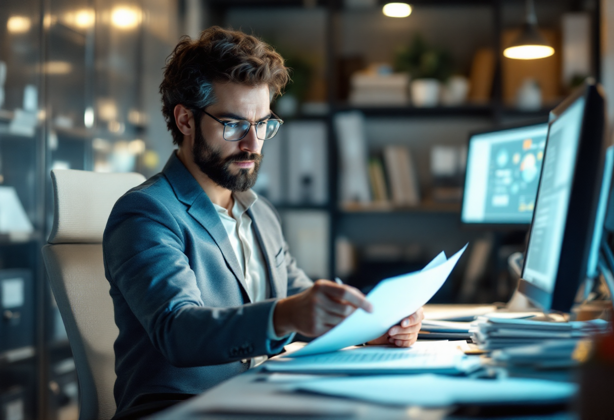 Profissional analisando documentos em um escritório moderno, representando o trabalho de um especialista em gestão de documentos para empresas que buscam eficiência e conformidade.