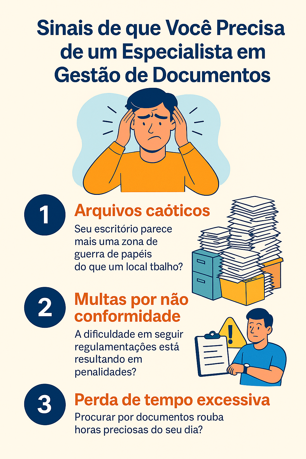 Infográfico ilustrando três sinais de que uma empresa precisa de um especialista em gestão de documentos: arquivos caóticos, multas por não conformidade e perda de tempo excessiva.