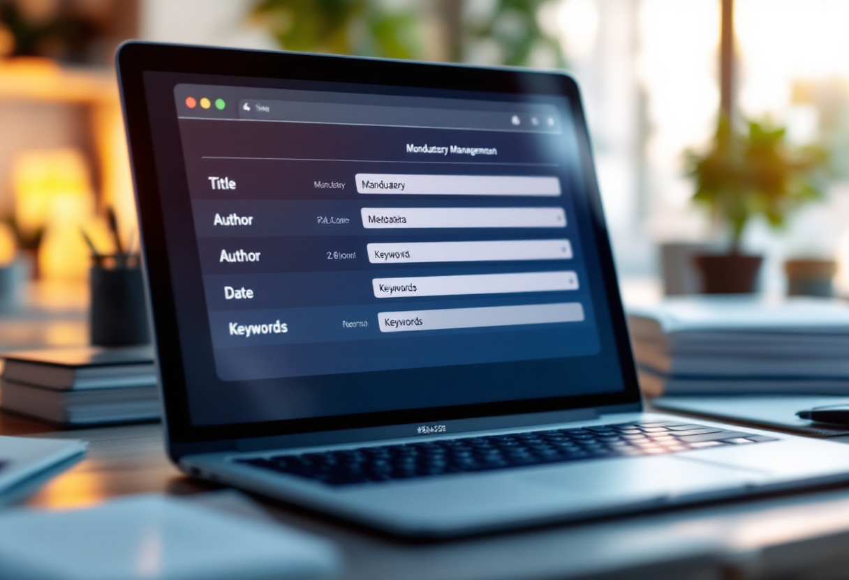 Tela de laptop com formulário de gestão de metadados exibindo campos Title, Author, Date e Keywords — exemplo de cadastro em um sistema GED.